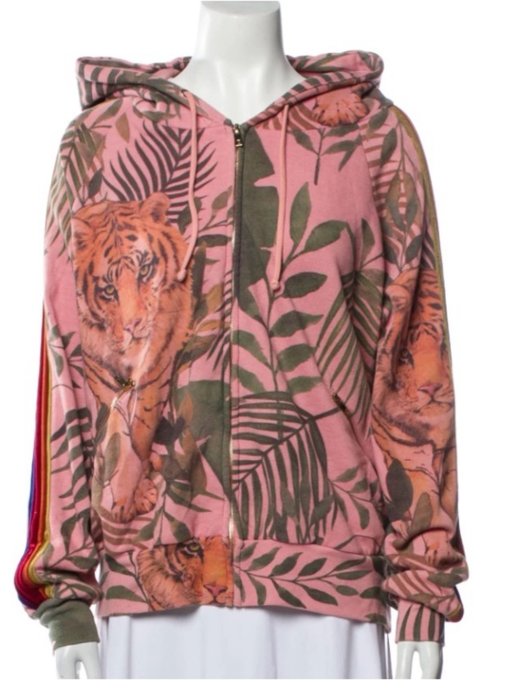 Aviator Nation Pink Tiger Print Zip Hoodie with Olive Leaf Motif